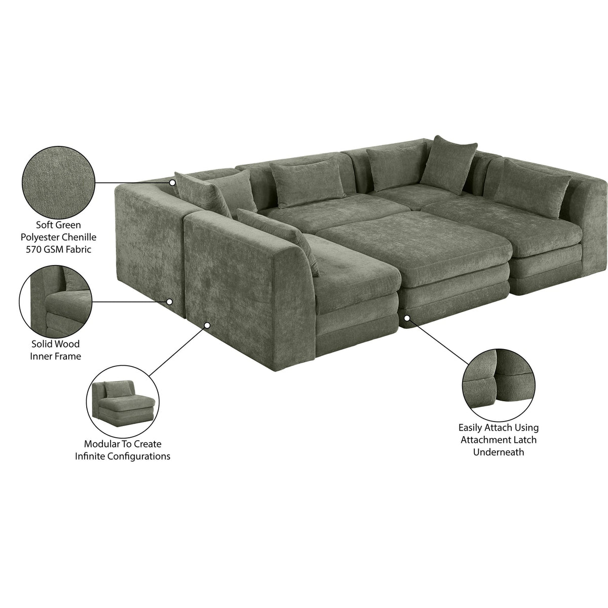 Stellar 114in Green Chenille Fabric Upholstered 6 Piece Modular Sectional Sofa