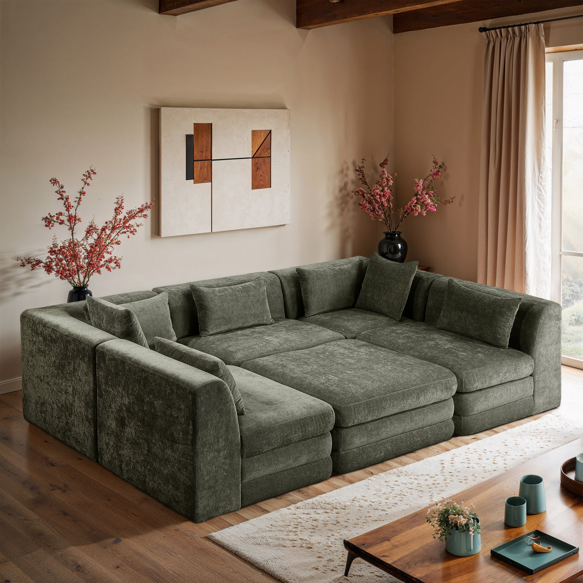 Stellar 114in Green Chenille Fabric Upholstered 6 Piece Modular Sectional Sofa