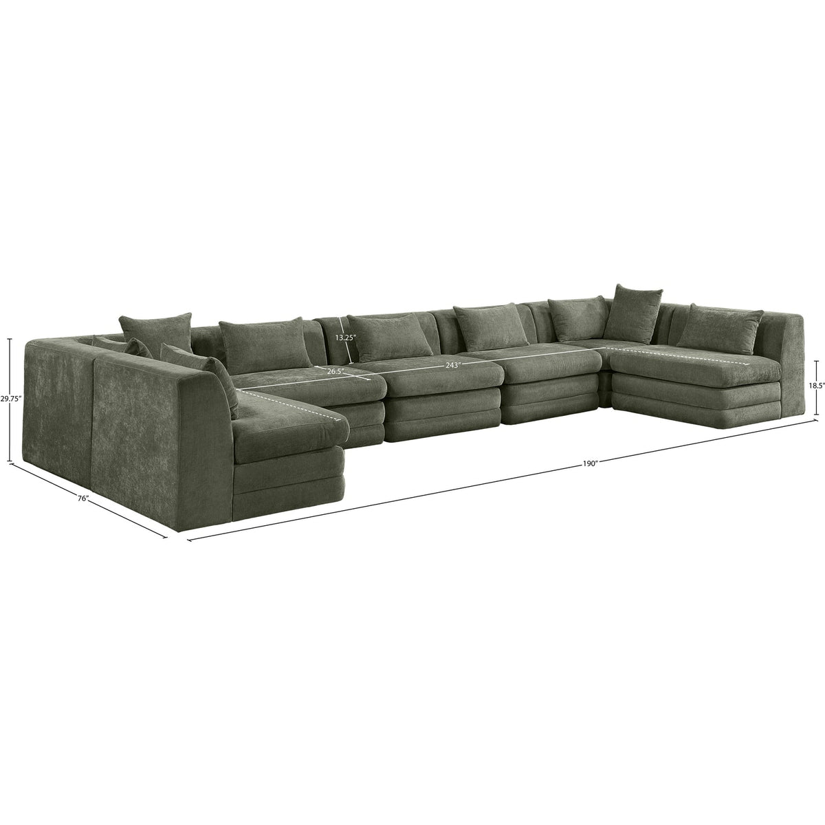 Stellar 190in Green Chenille Fabric Upholstered 7 Piece Modular Sectional Sofa