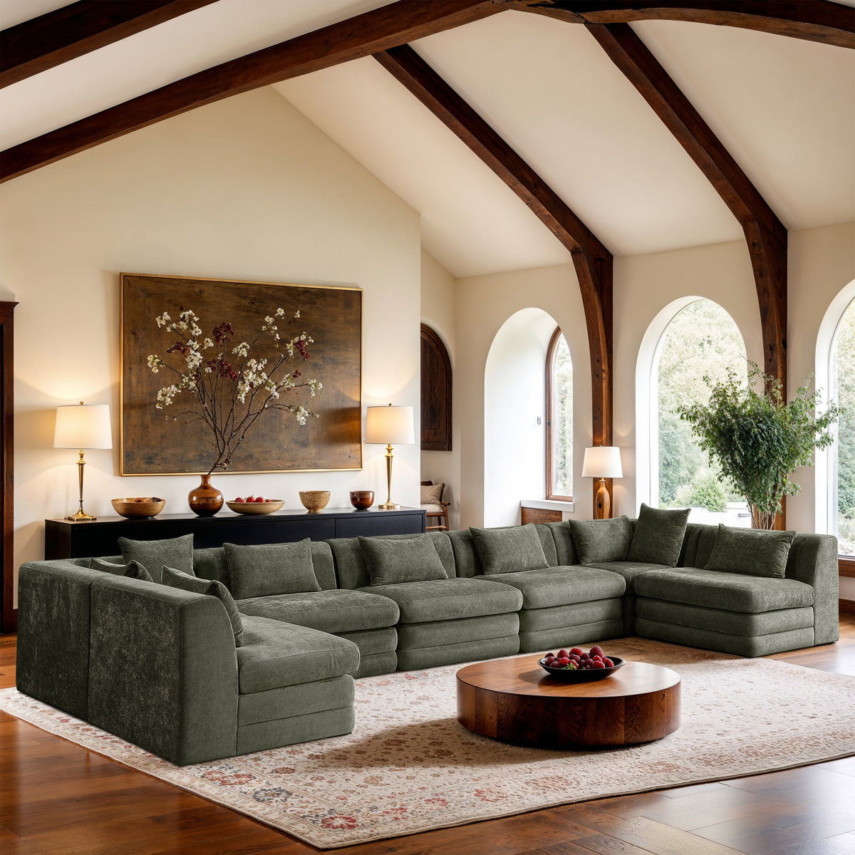 Stellar 190in Green Chenille Fabric Upholstered 7 Piece Modular Sectional Sofa