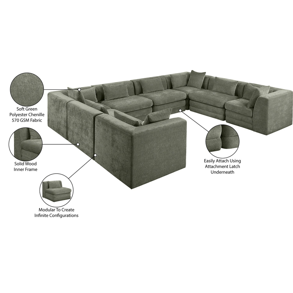 Stellar 152in Green Chenille Fabric Upholstered 8 Piece Modular Sectional Sofa