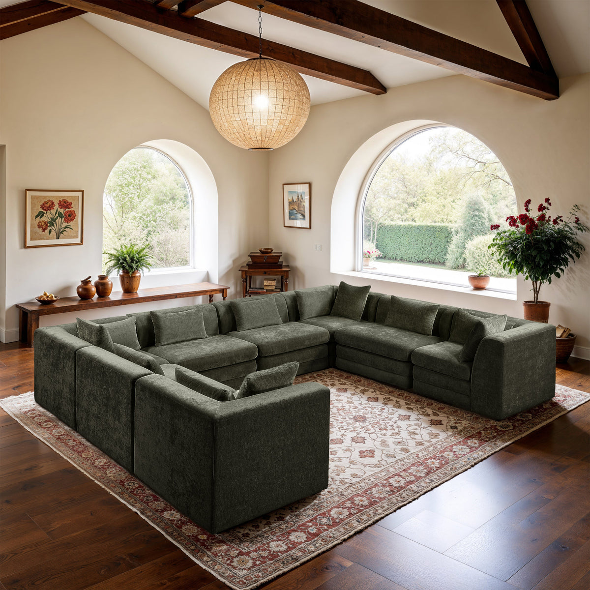Stellar 152in Green Chenille Fabric Upholstered 8 Piece Modular Sectional Sofa