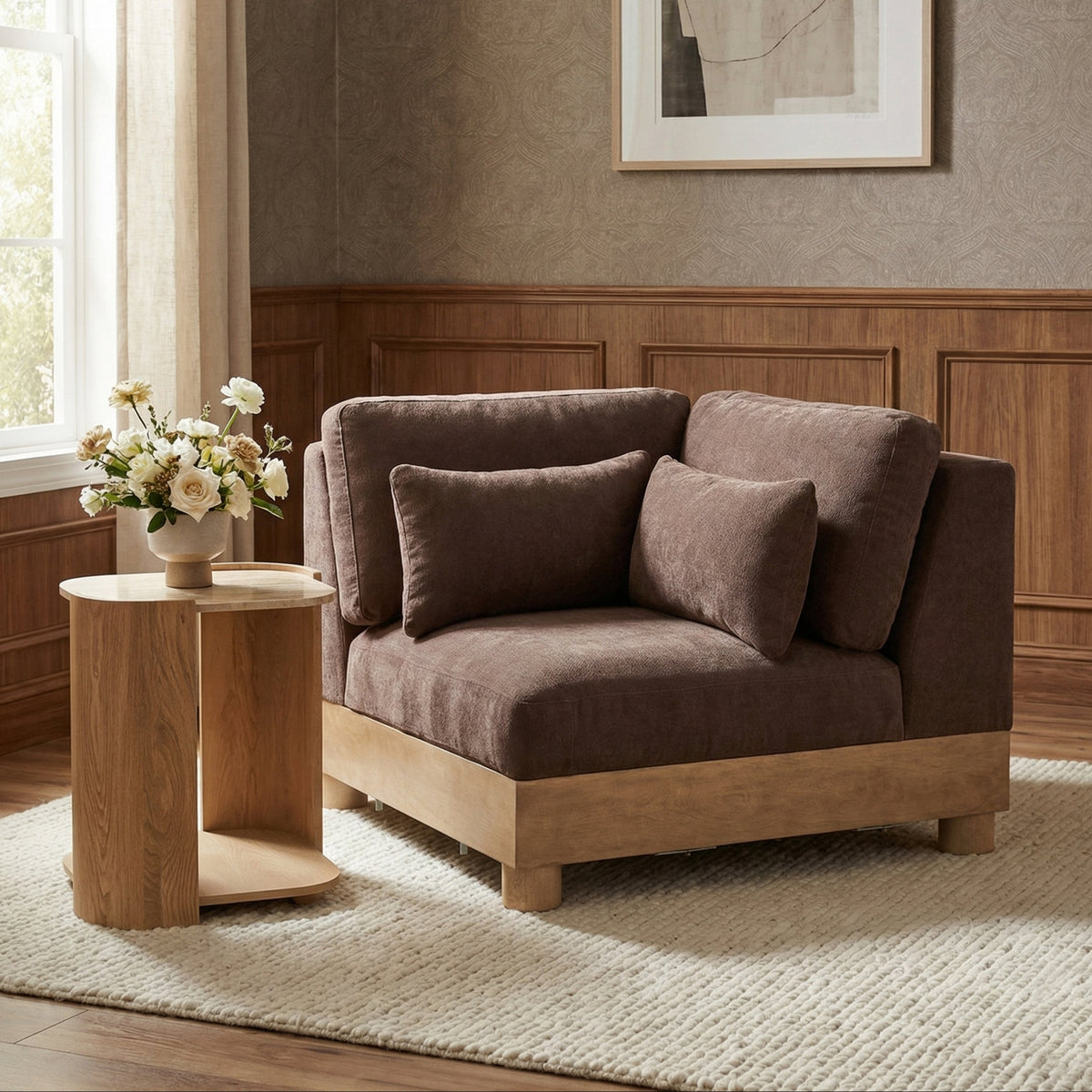 Turin Brown Chenille Fabric Upholstered Modular Corner Chair