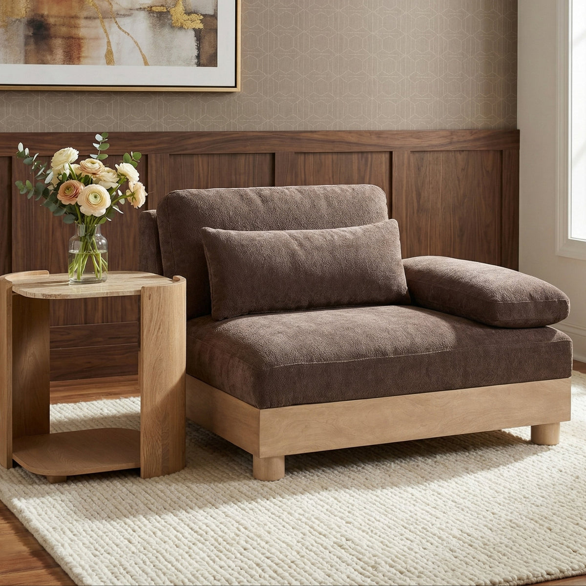 Turin Brown Chenille Fabric Upholstered Modular Right Arm Chair