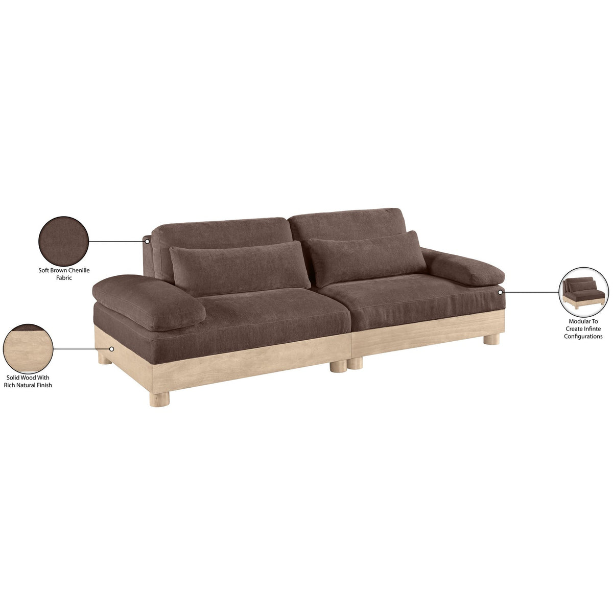 Turin 95.5in Brown Chenille Fabric Upholstered 2 Piece Modular Sofa