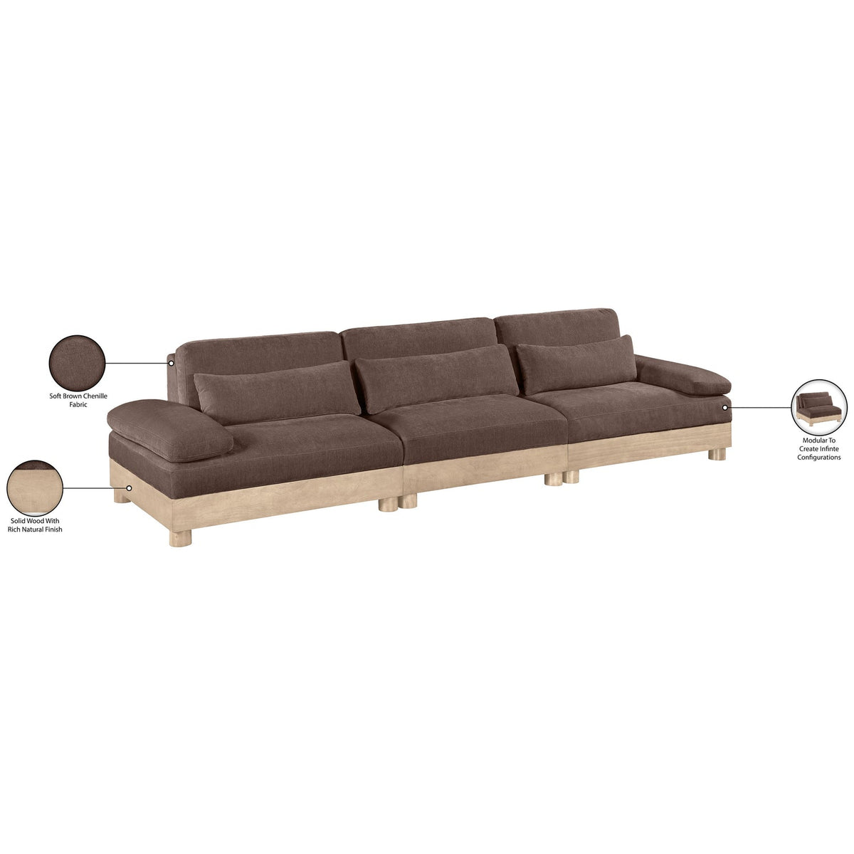 Turin 13 5 .5in Brown Chenille Fabric Upholstered 3 Piece. Modular Sofa