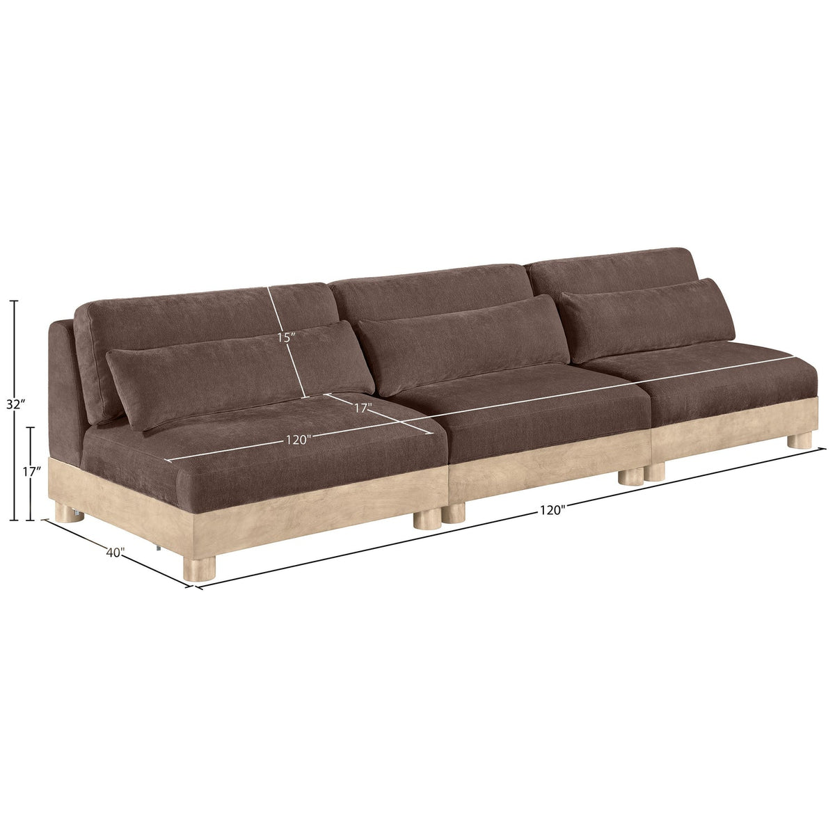 Turin 120in Brown Chenille Fabric Upholstered 3 Piece Modular Sofa