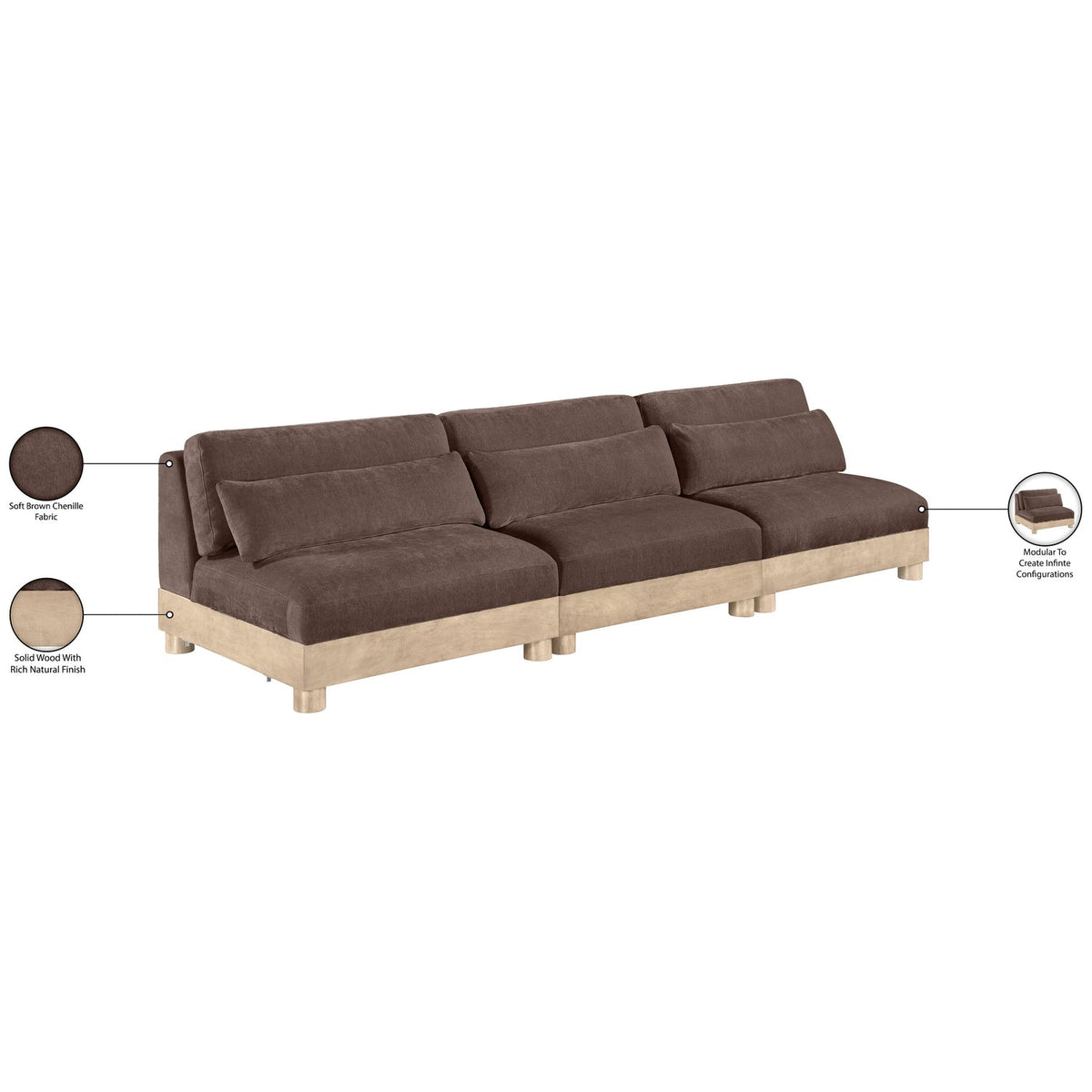 Turin 120in Brown Chenille Fabric Upholstered 3 Piece Modular Sofa