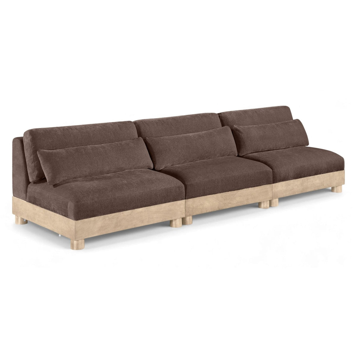 Turin 120" Brown Chenille Fabric Upholstered 3pc. Modular Sofa in brown chenille, natural oak, front product view