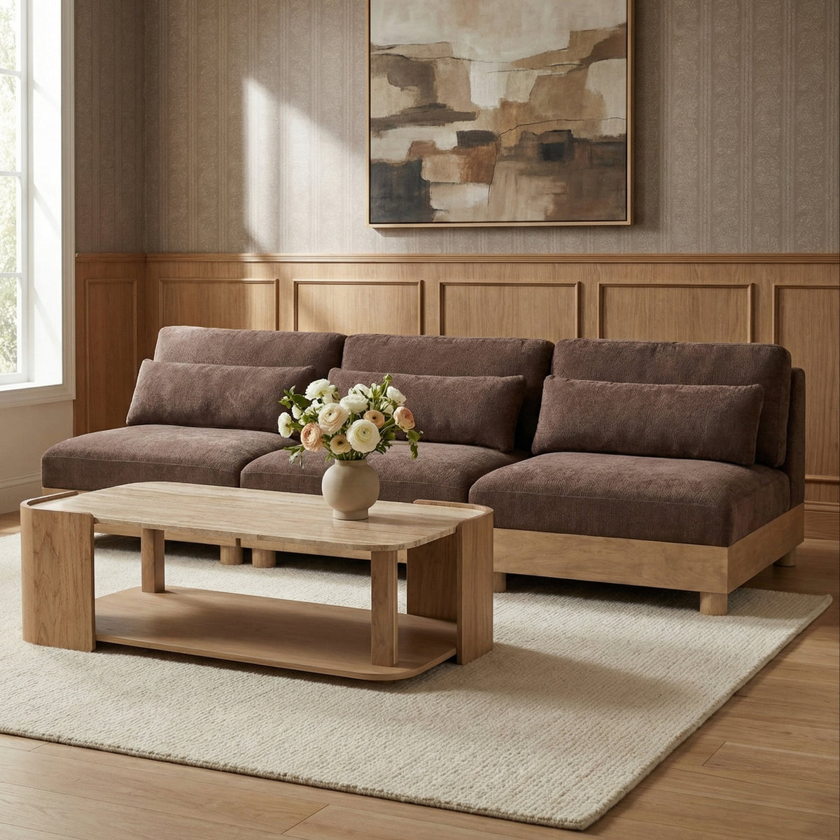 Turin 120in Brown Chenille Fabric Upholstered 3 Piece. Modular Sofa