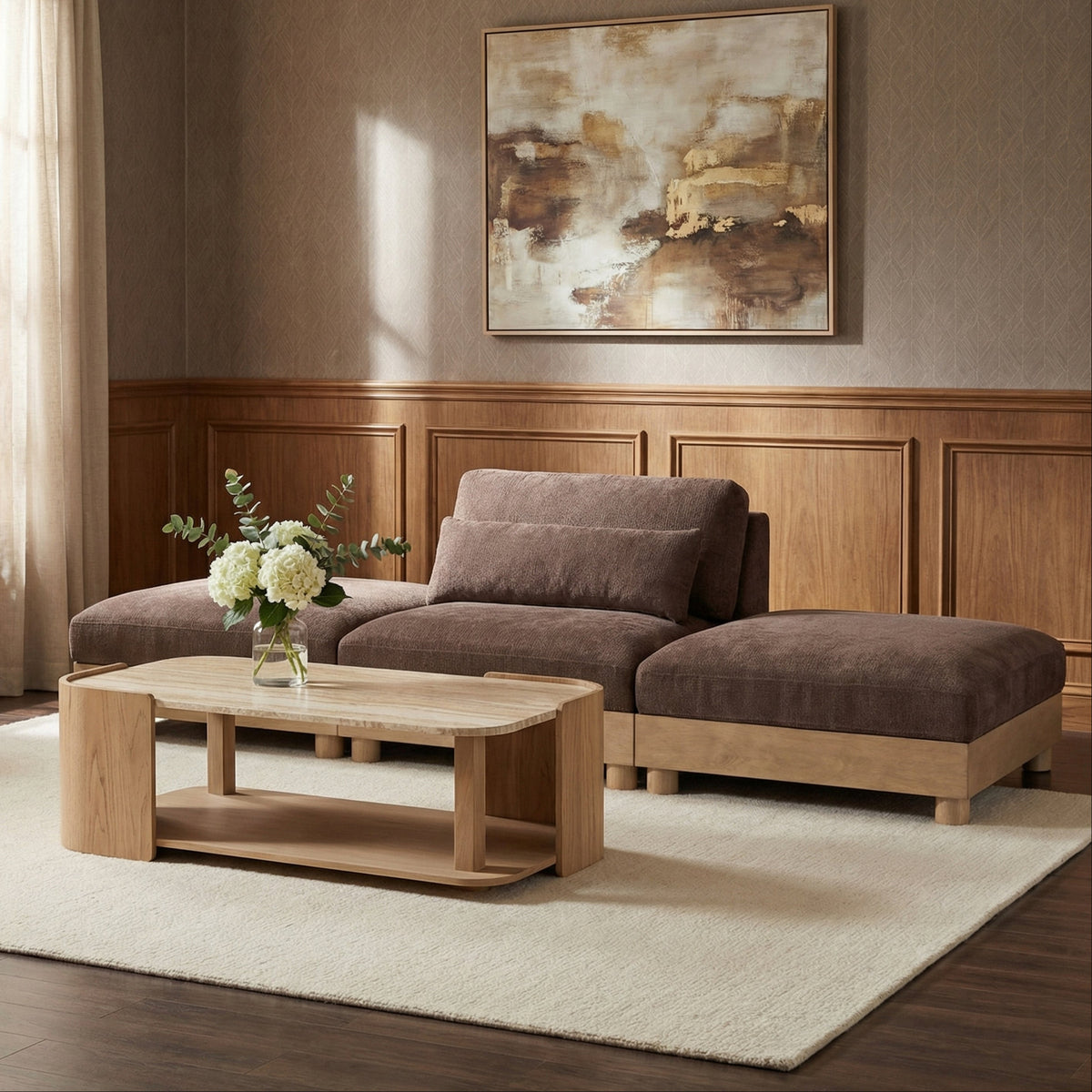 Turin 120in Brown Chenille Fabric Upholstered 3 Piece. Modular Sofa