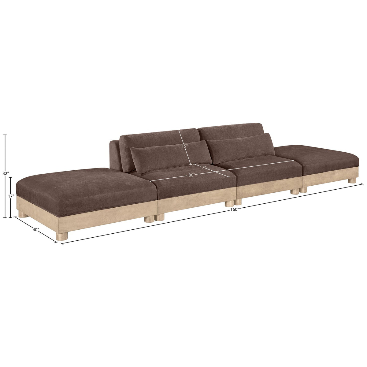 Turin 160in Brown Chenille Fabric Upholstered 4 Piece Modular Sofa