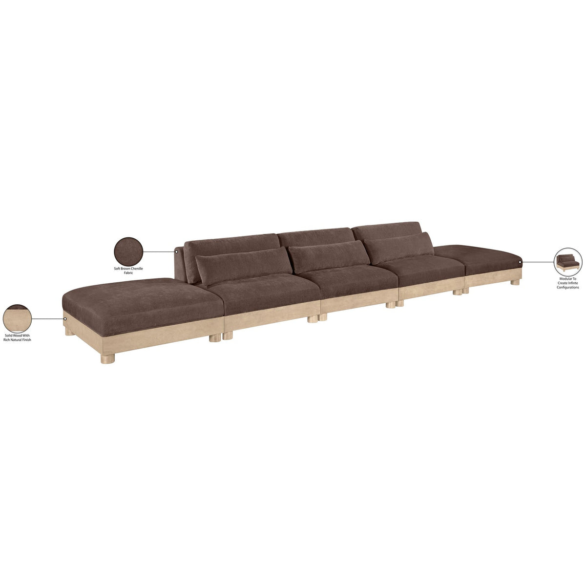 Turin 200in Brown Chenille Fabric Upholstered 5 Piece Modular Sofa