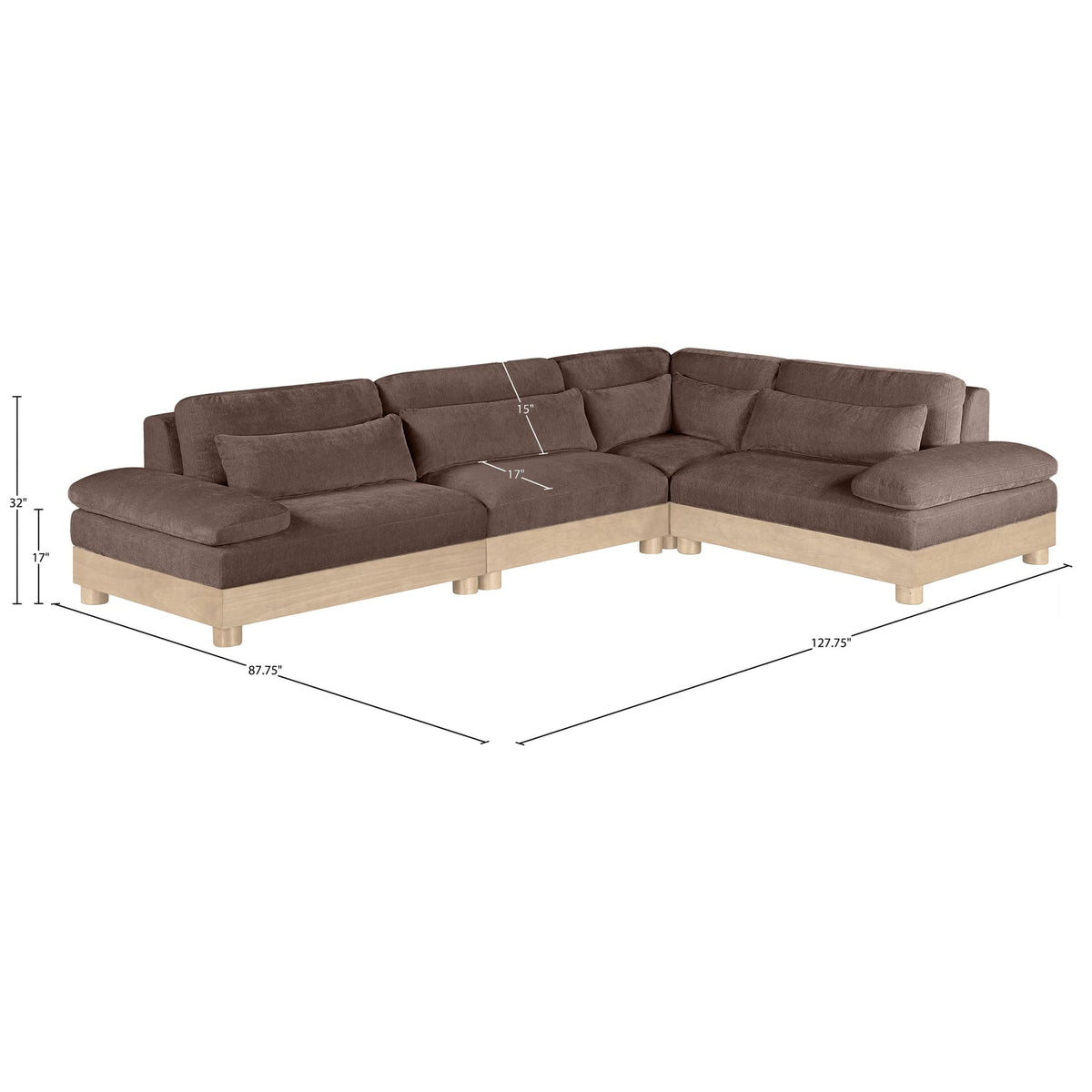 Turin 127.75in Brown Chenille Fabric Upholstered 4 Piece Modular Sectional Sofa