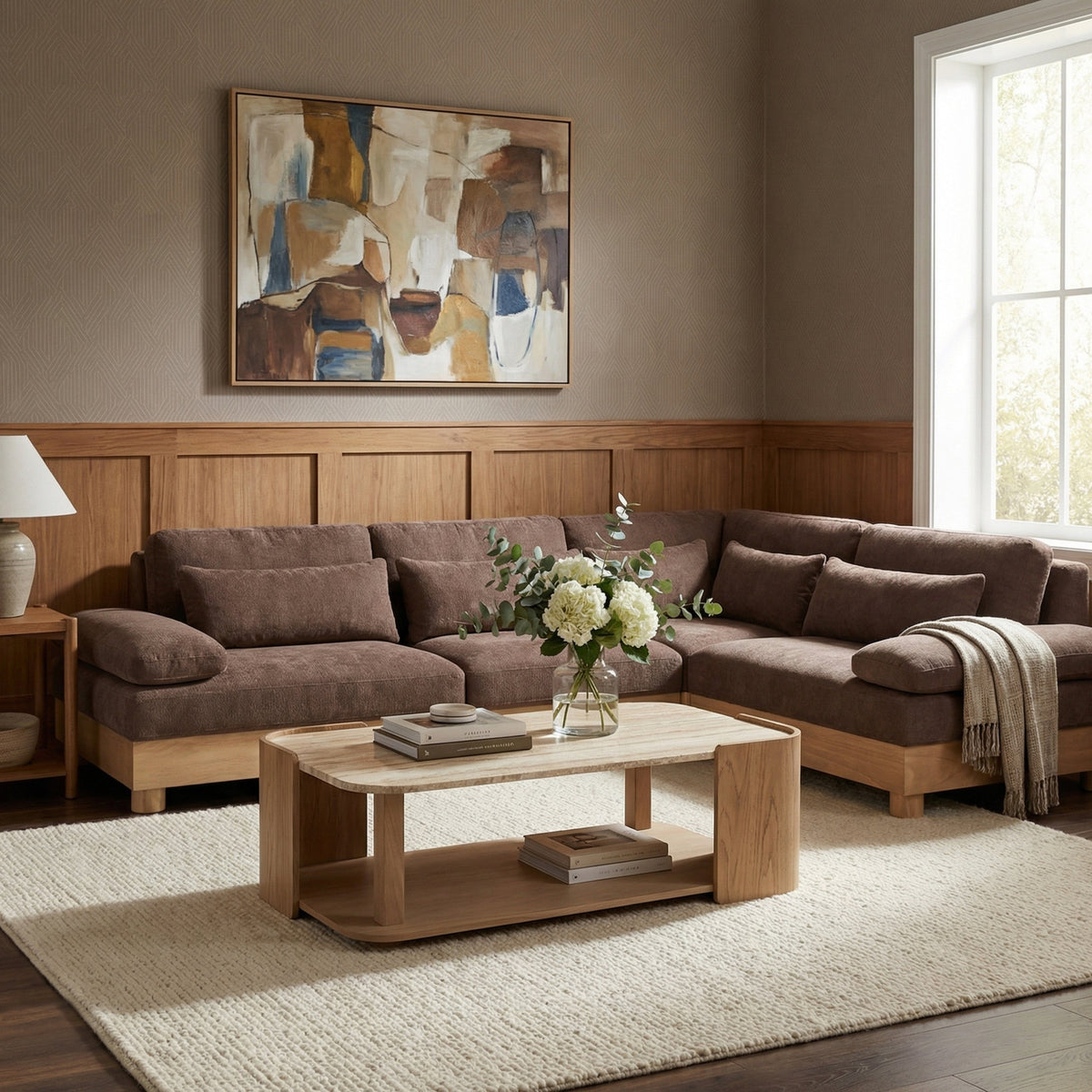 Turin 127.75in Brown Chenille Fabric Upholstered 4 Piece Modular Sectional Sofa