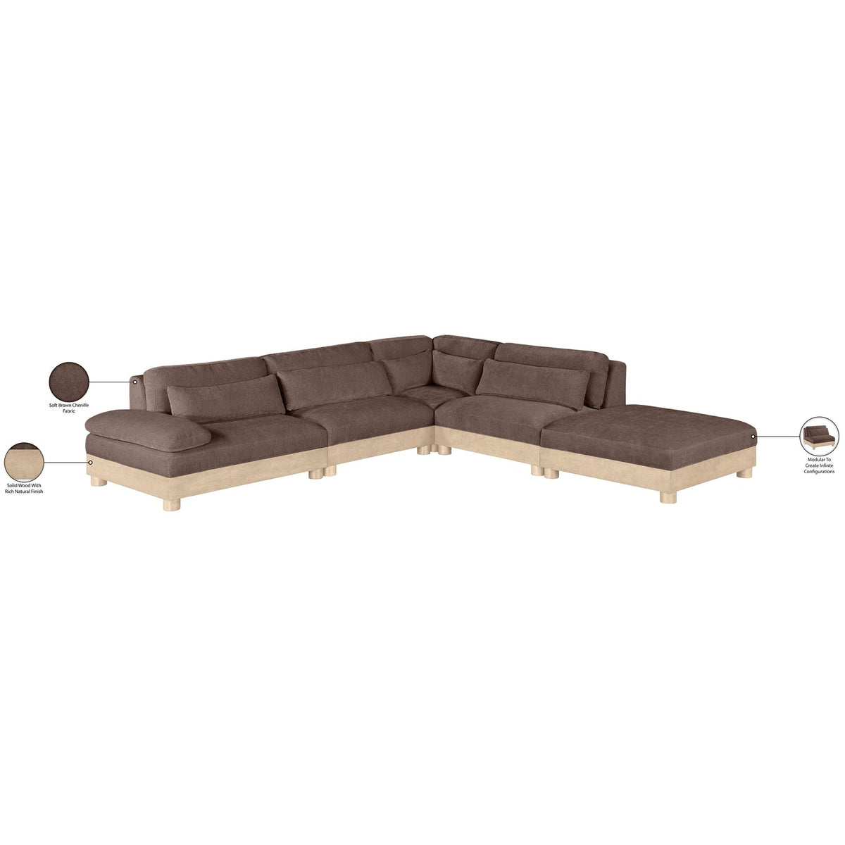 Turin 120in Brown Chenille Fabric Upholstered 5 Piece Modular Sectional Sofa