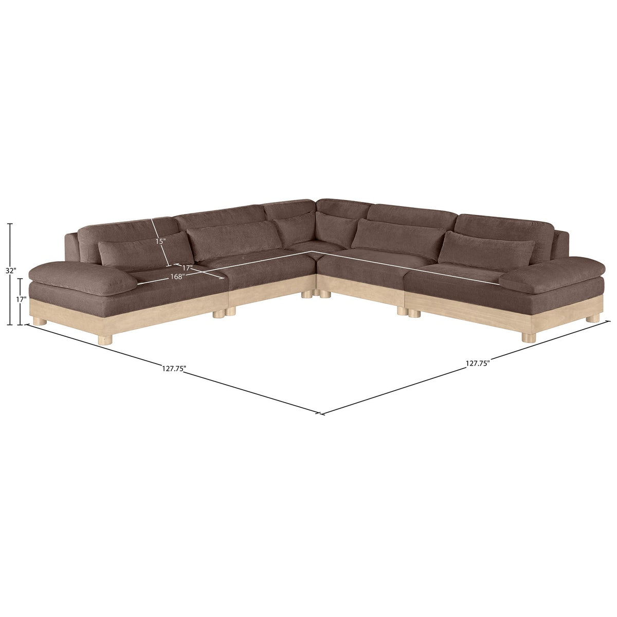 Turin 127.75in Brown Chenille Fabric Upholstered 5 Piece Modular Sectional Sofa