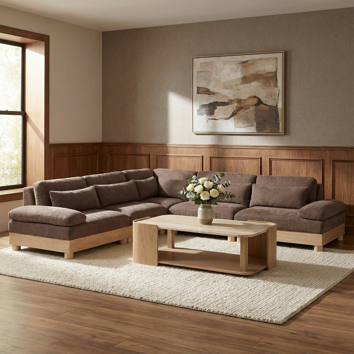 Turin 127.75in Brown Chenille Fabric Upholstered 5 Piece Modular Sectional Sofa