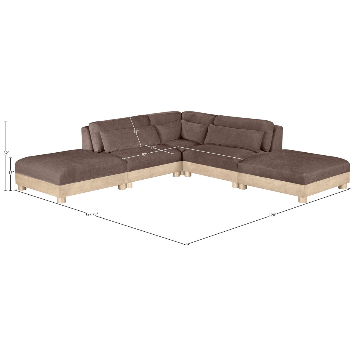 Turin 120in Brown Chenille Fabric Upholstered 5 Piece Modular Sectional Sofa