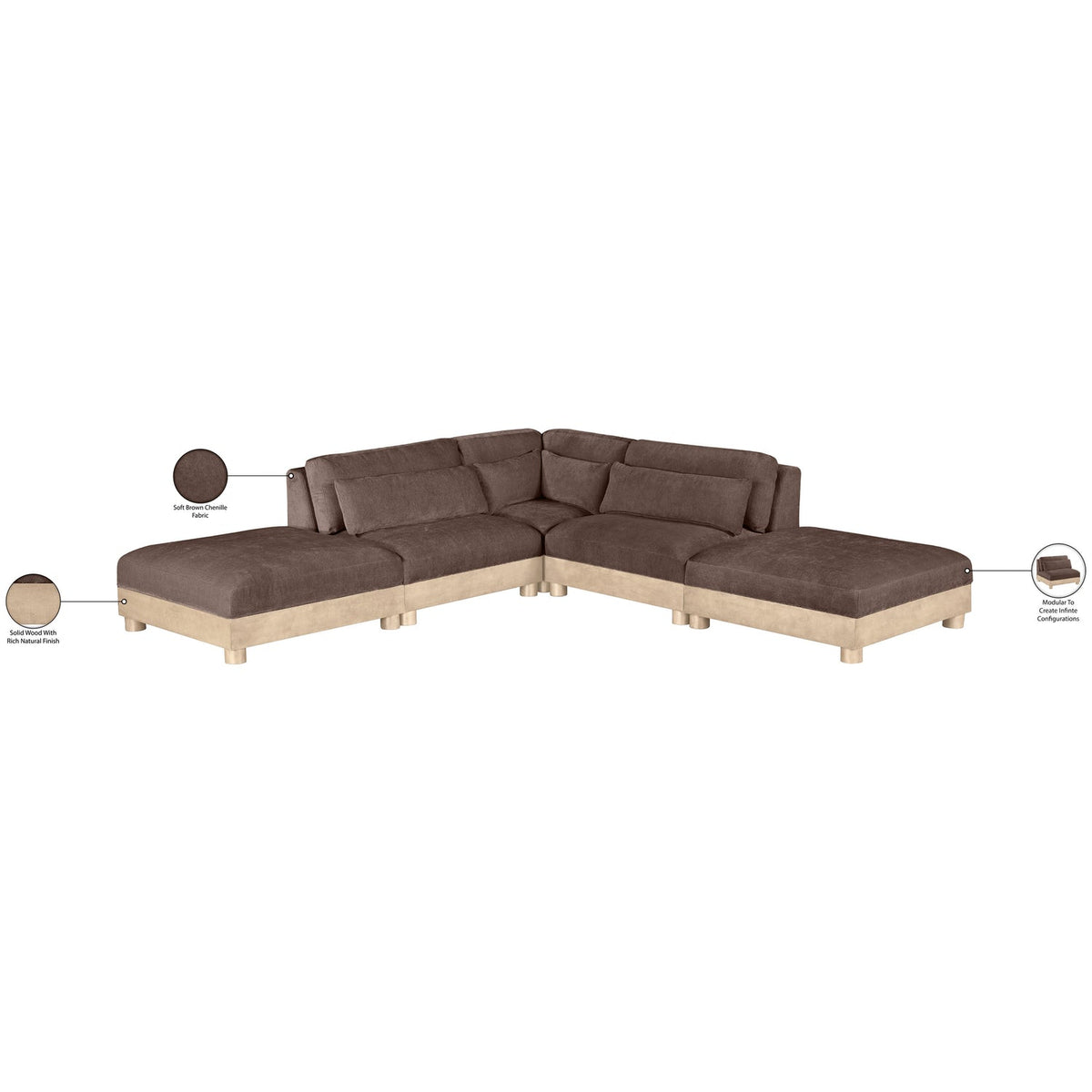 Turin 120in Brown Chenille Fabric Upholstered 5 Piece Modular Sectional Sofa