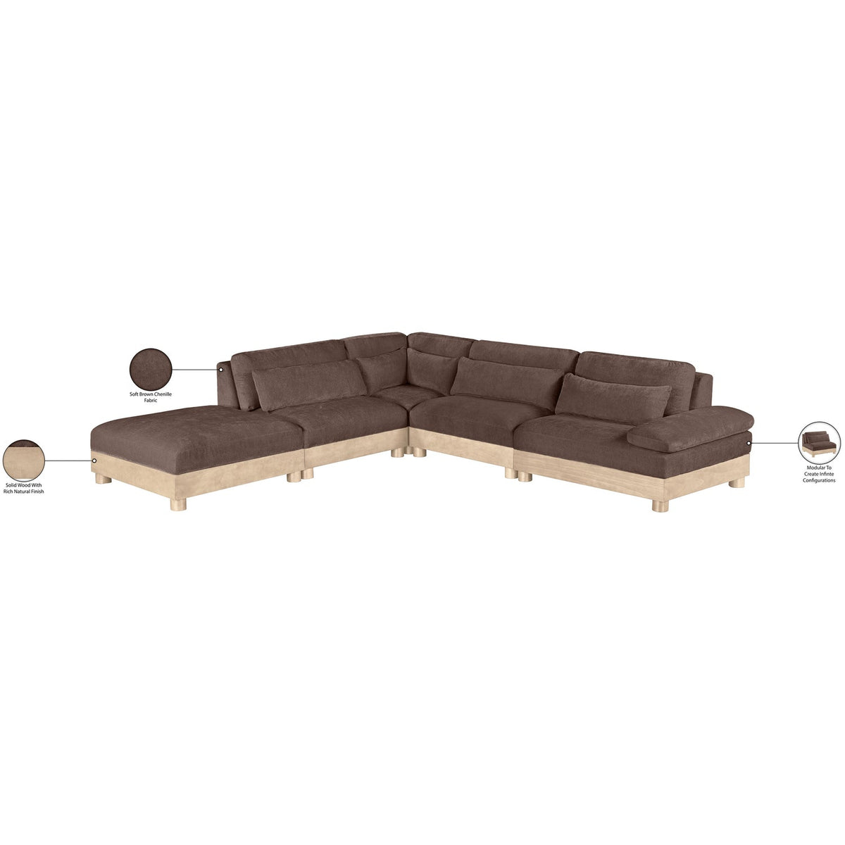Turin 127.75in Brown Chenille Fabric Upholstered 5 Piece Modular Sectional Sofa