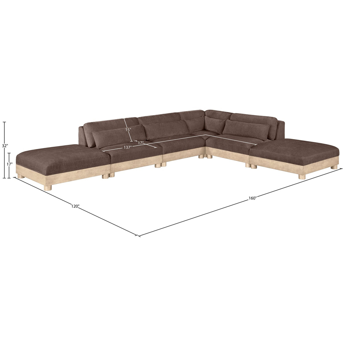 Turin 160in Brown Chenille Fabric Upholstered 6 Piece Modular Sectional Sofa