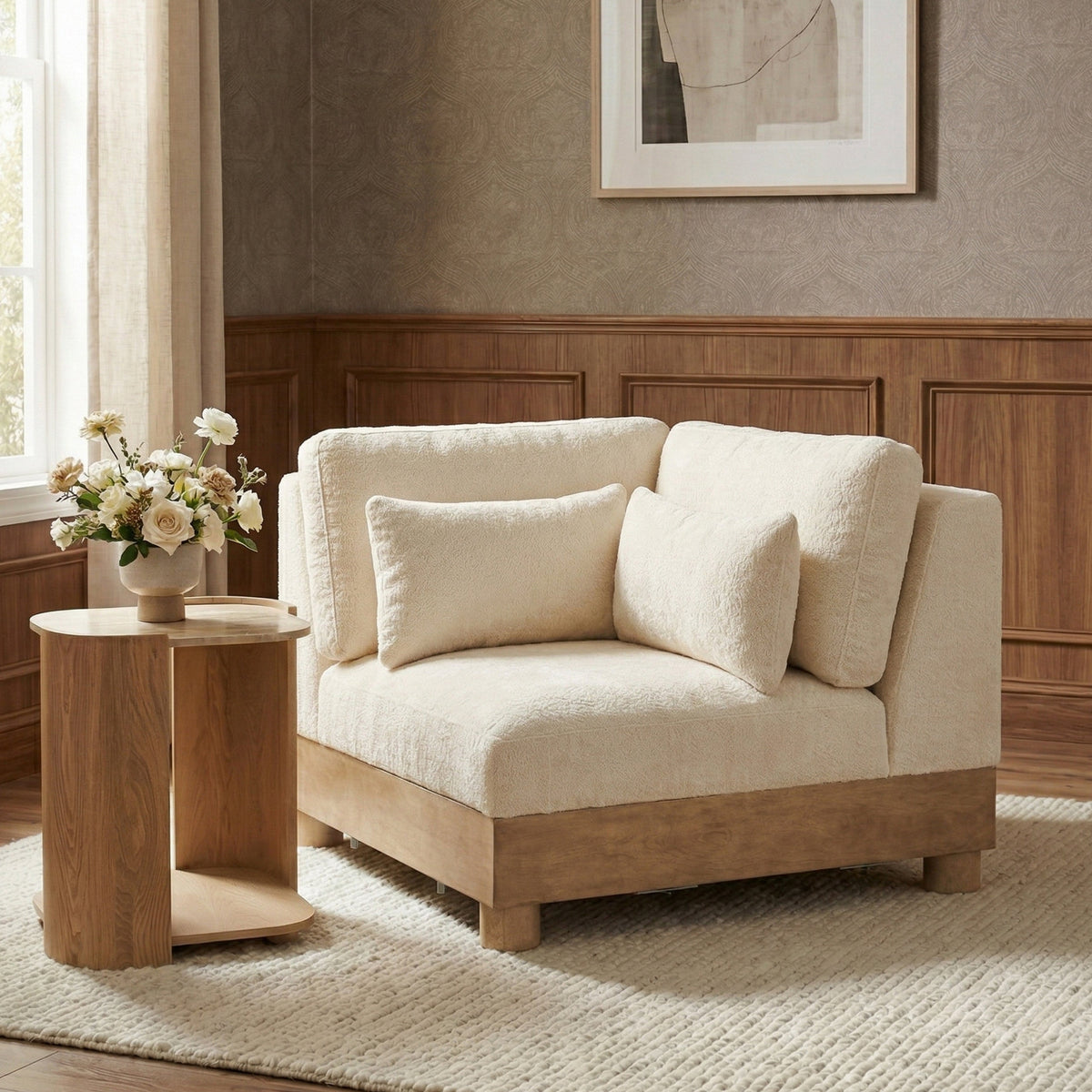 Turin Cream Chenille Fabric Upholstered Modular Corner Chair
