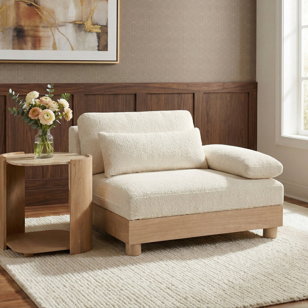Turin Cream Chenille Fabric Upholstered Modular Right Arm Chair