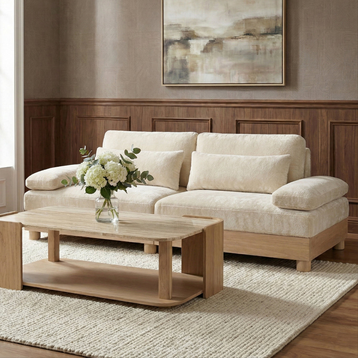 Turin 95 .5in Cream Chenille Fabric Upholstered 2Piece. Modular Sofa