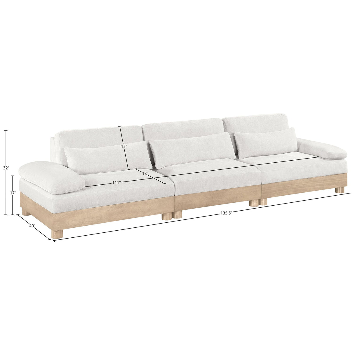 Turin 13 5 .5in Cream Chenille Fabric Upholstered 3 Piece. Modular Sofa