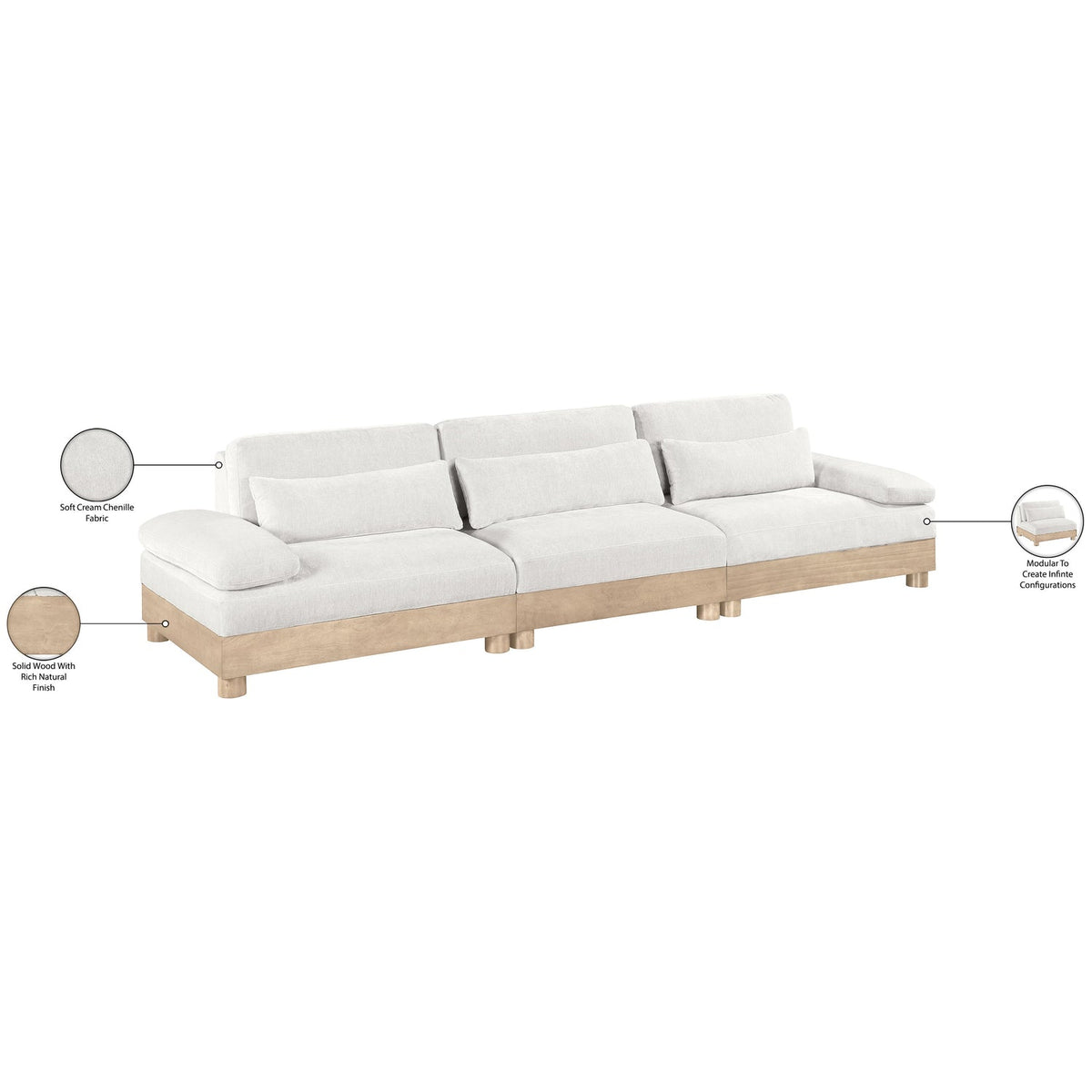 Turin 13 5 .5in Cream Chenille Fabric Upholstered 3 Piece. Modular Sofa