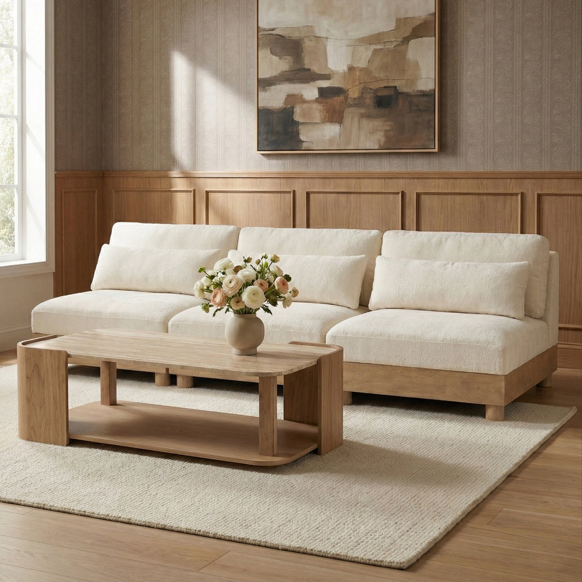 Turin 120in Cream Chenille Fabric Upholstered 3 Piece. Modular Sofa
