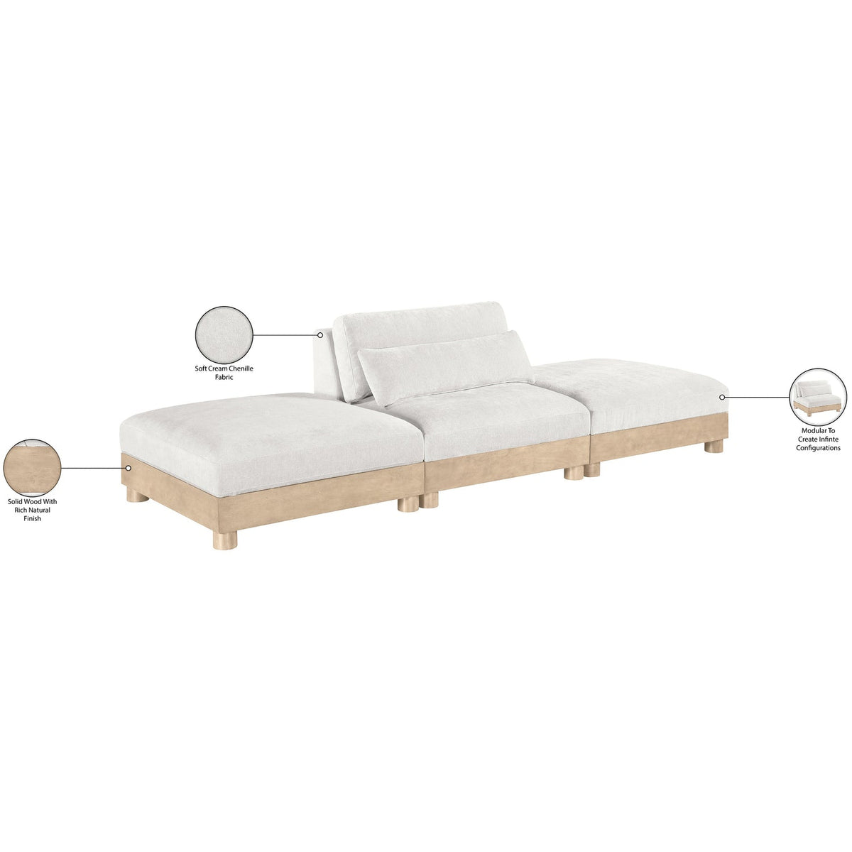 Turin 120in Cream Chenille Fabric Upholstered 3 Piece Modular Sofa