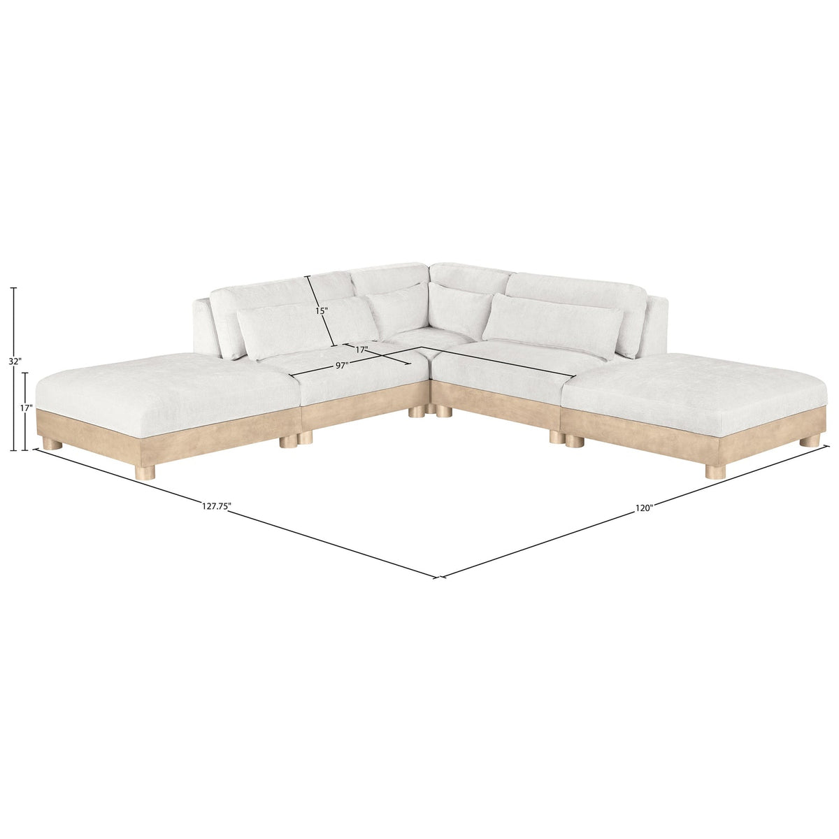 Turin 120in Cream Chenille Fabric Upholstered 5 Piece Modular Sectional Sofa