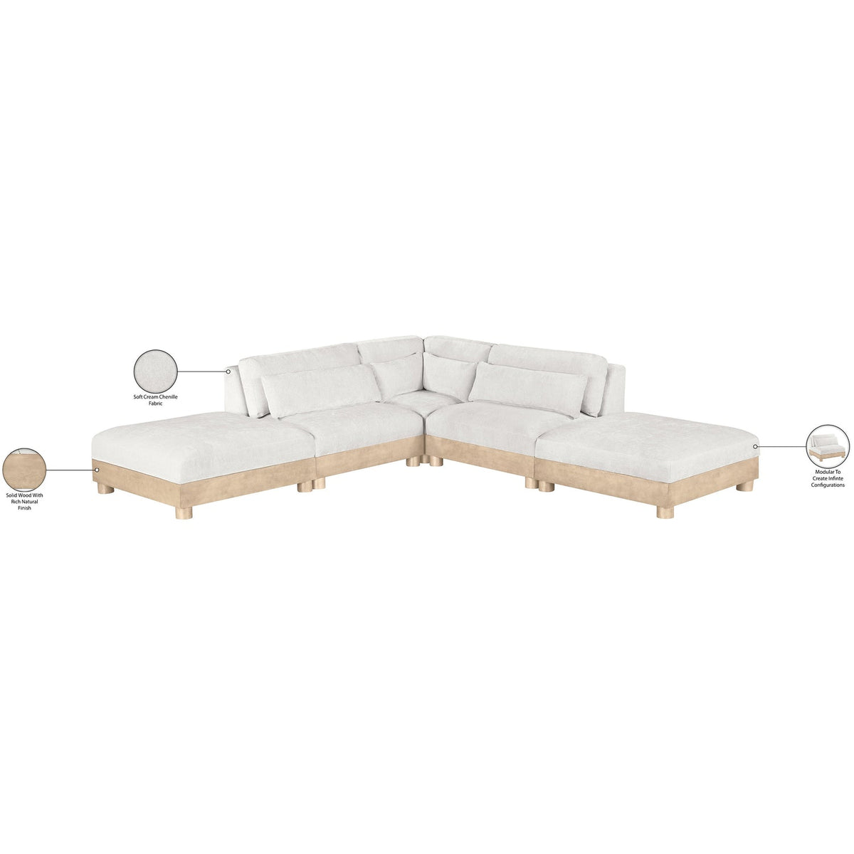 Turin 120in Cream Chenille Fabric Upholstered 5 Piece Modular Sectional Sofa