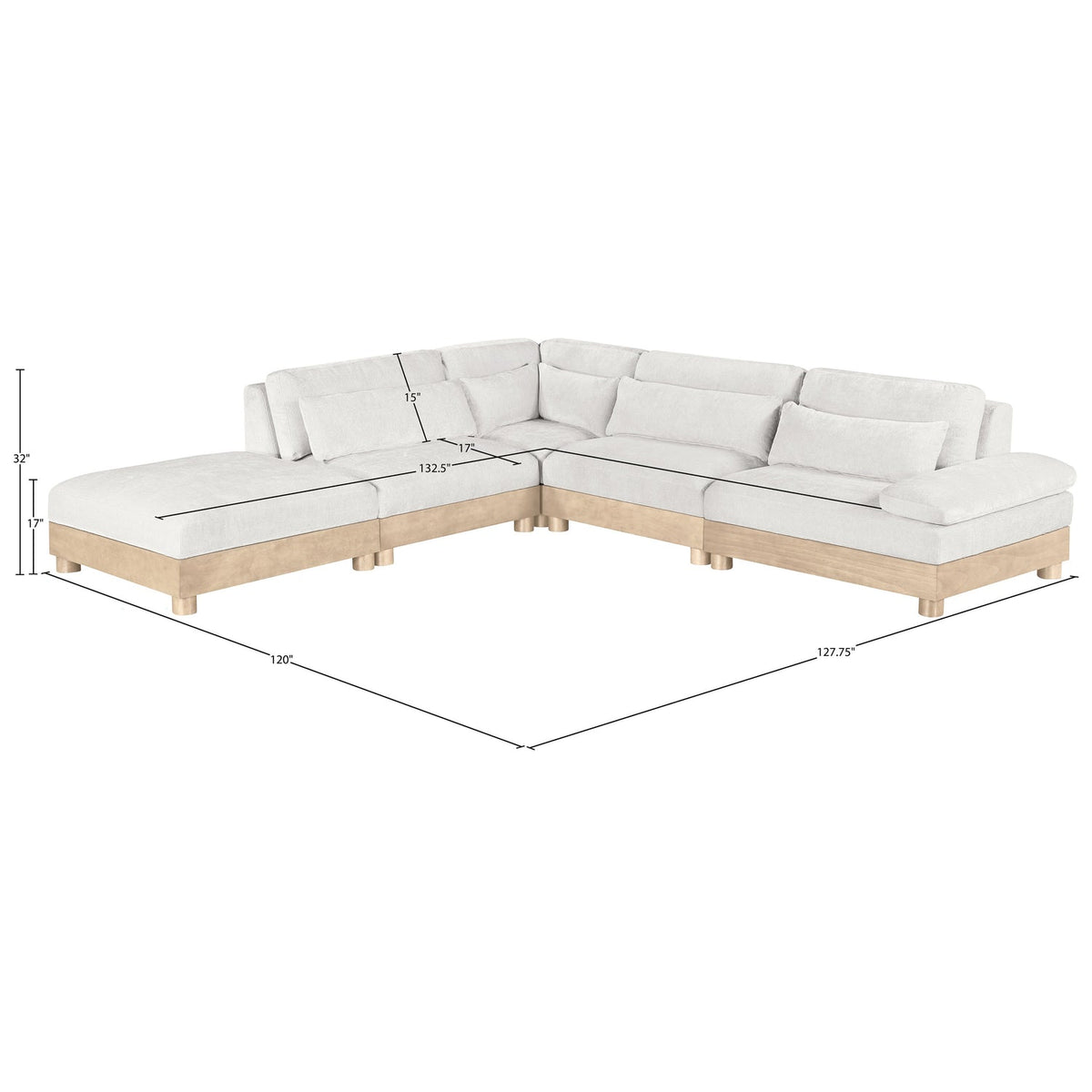 Turin 127.75in Cream Chenille Fabric Upholstered 5 Piece Modular Sectional Sofa