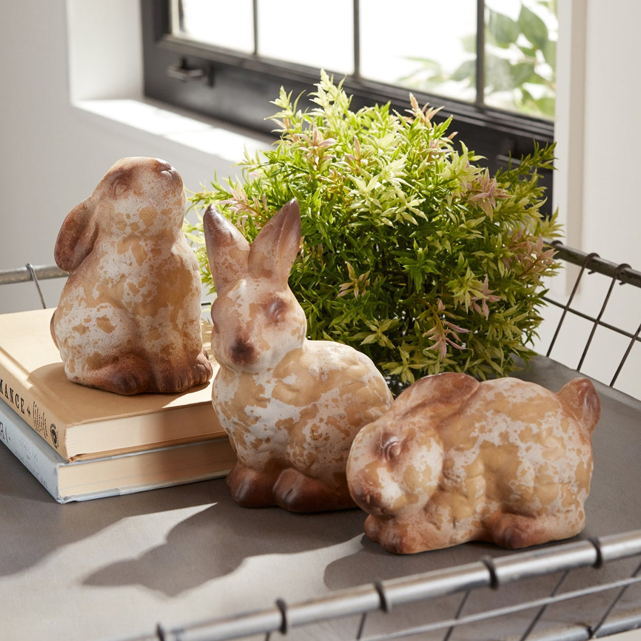 Weathered Terra Cotta Rabbit Garden Statue Set of 6