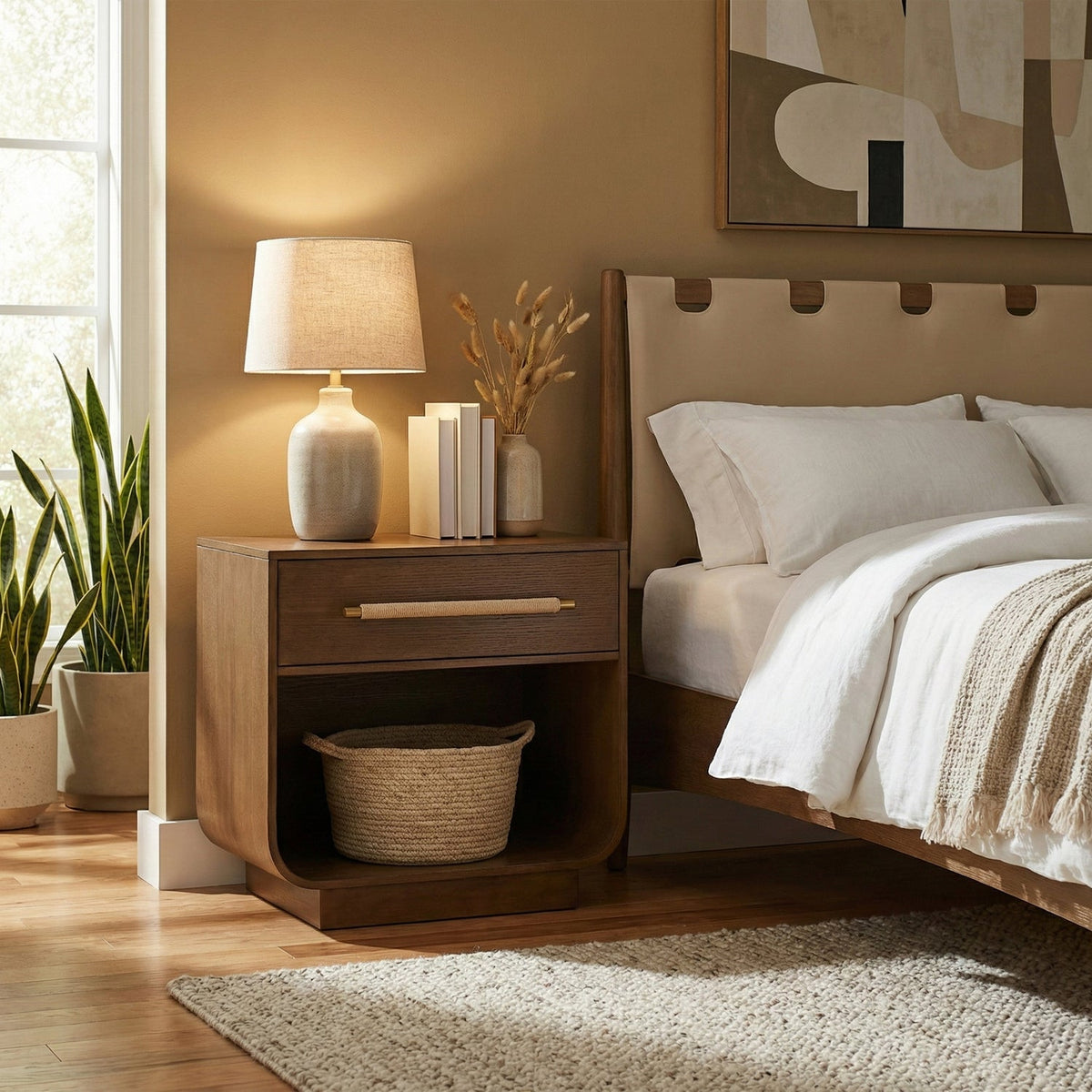 Sorell 28in Brown Rattan Handle And Solid Wood Nightstand Set of 2