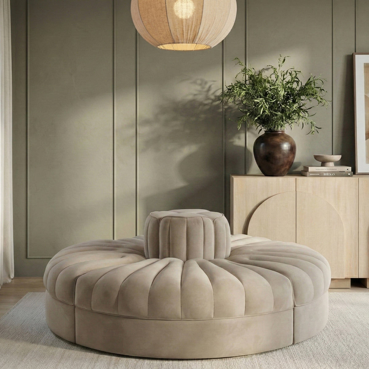 Rummi Beige Velvet Performance Fabric Upholstered 4 Piece. Modular Sofa