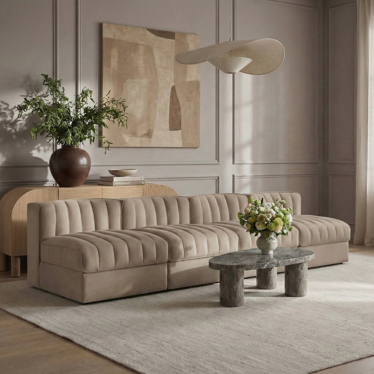 Rummi Beige Velvet Performance Fabric Upholstered 4 Piece Modular Sofa