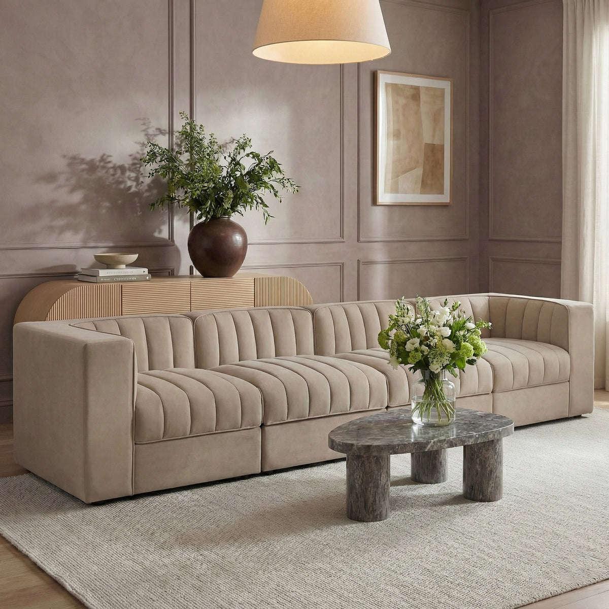 Rummi Beige Velvet Performance Fabric Upholstered 4 Piece. Modular Sofa