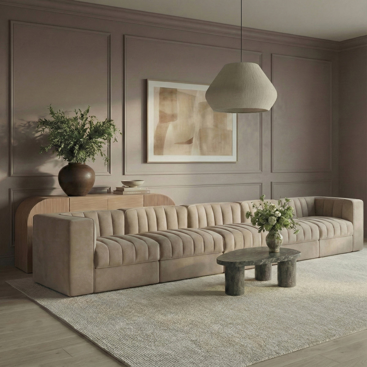 Rummi Beige Velvet Performance Fabric Upholstered 5 Piece. Modular Sofa