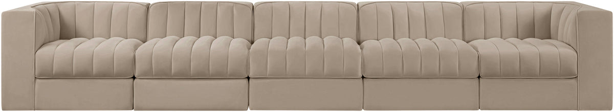 Rummi Beige Velvet Performance Fabric Upholstered 5 Piece Modular Sofa