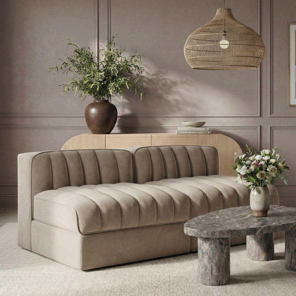 Rummi Beige Velvet Performance Fabric Upholstered 2 Piece Modular Loveseat