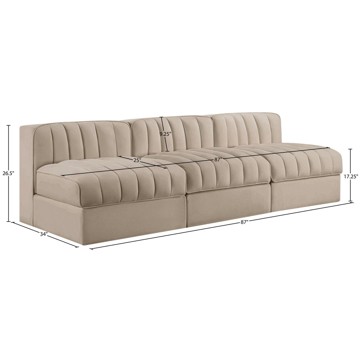 Rummi Beige Velvet Performance Fabric Upholstered 3 Piece Modular Sofa