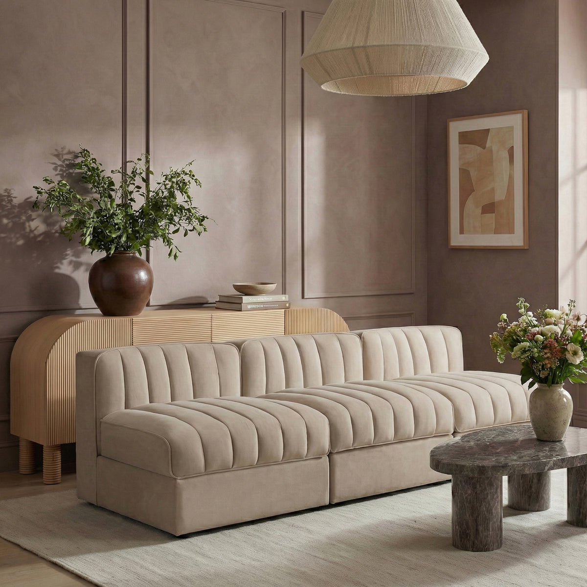 Rummi Beige Velvet Performance Fabric Upholstered 3 Piece. Modular Sofa