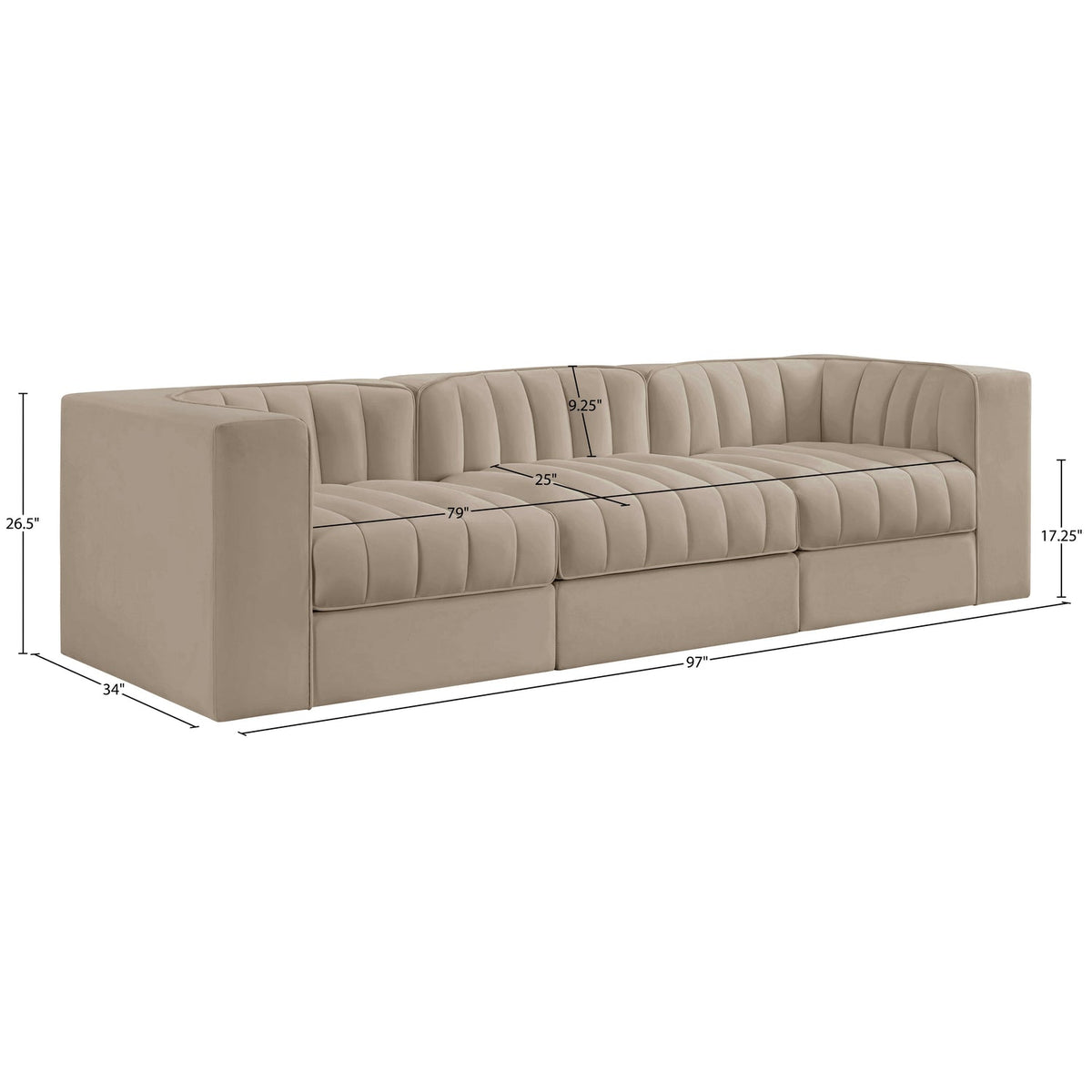Rummi Beige Velvet Performance Fabric Upholstered 3 Piece Modular Sofa