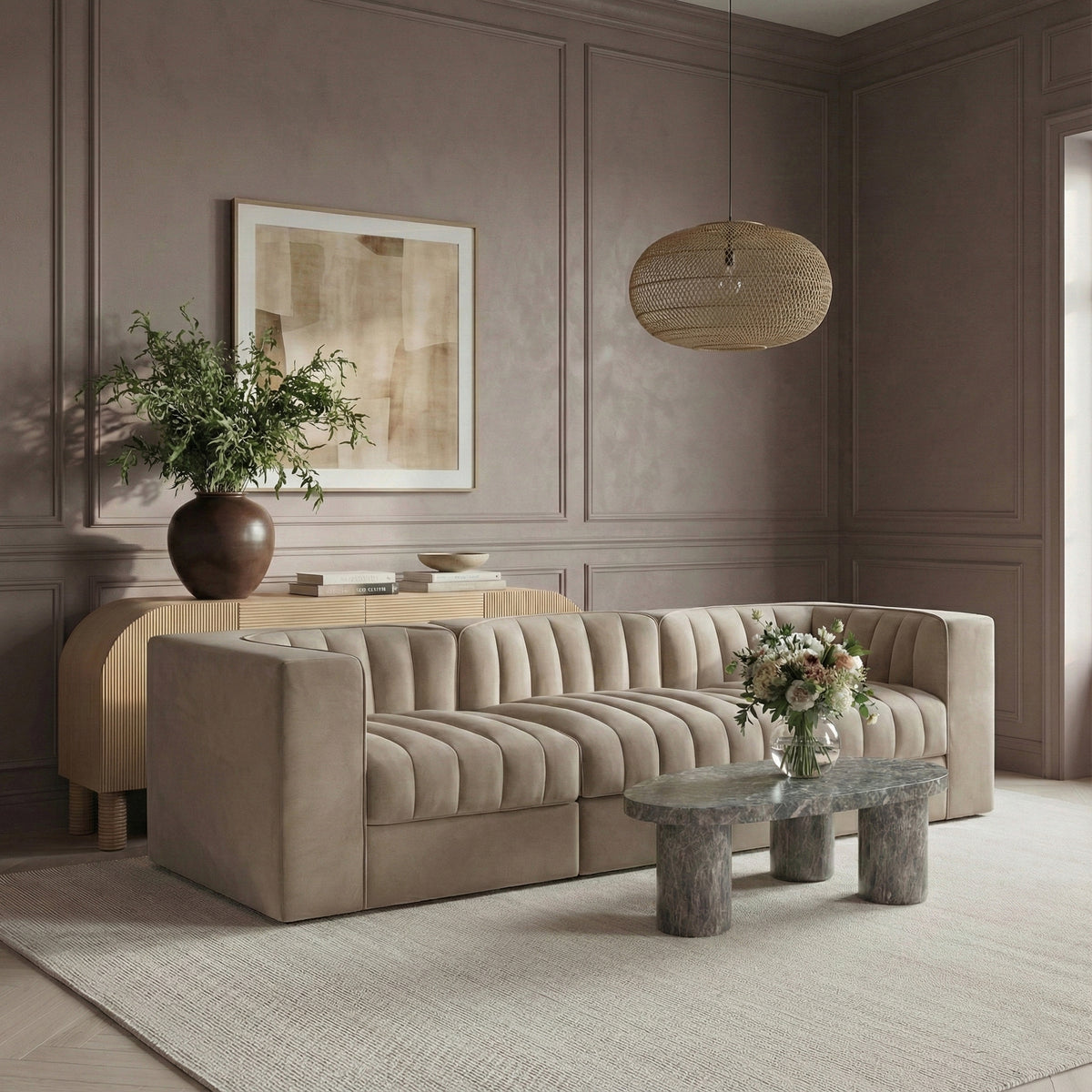 Rummi Beige Velvet Performance Fabric Upholstered 3 Piece. Modular Sofa