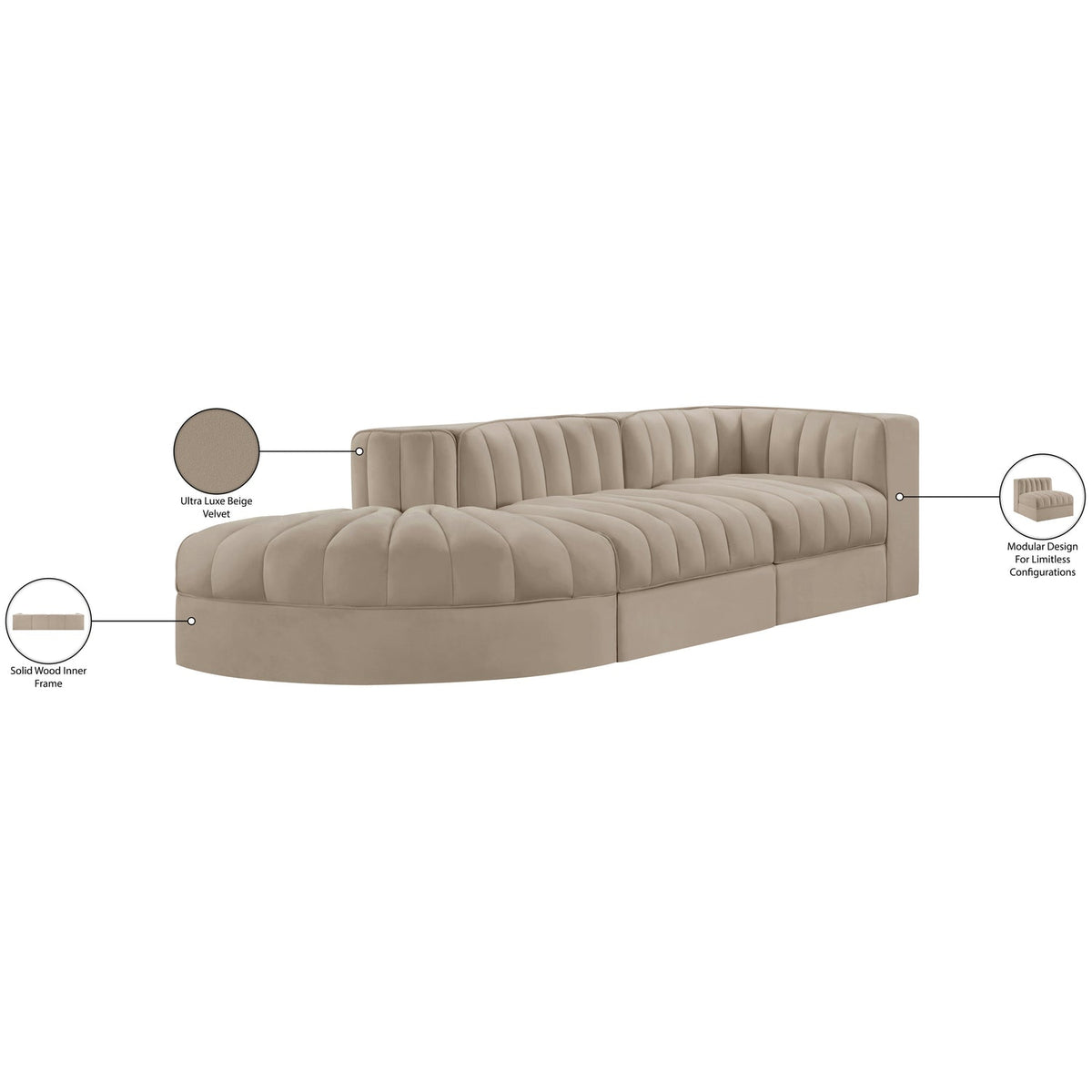 Rummi Beige Velvet Performance Fabric Upholstered 3 Piece Modular Sectional Sofa