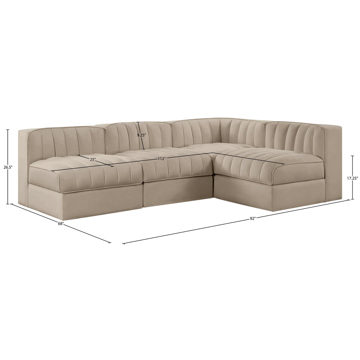 Rummi Beige Velvet Performance Fabric Upholstered 4 Piece Modular Sectional Sofa